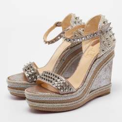 Christian Louboutin Metallic Leather and Raffia Pyraclou Wedge Sandals Size 37