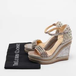 Christian Louboutin Metallic Leather and Raffia Pyraclou Wedge Sandals Size 37