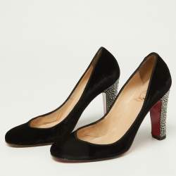 Christian Louboutin Black Velvet Crystal Embellished Heel Round Toe Pumps Size 38