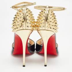 Christian Louboutin Black/Gold Patent Leather Pina Spike Sandals Size 39
