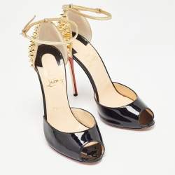 Christian Louboutin Black/Gold Patent Leather Pina Spike Sandals Size 39