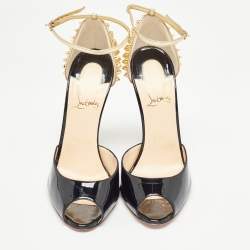 Christian Louboutin Black/Gold Patent Leather Pina Spike Sandals Size 39