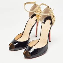 Christian Louboutin Black/Gold Patent Leather Pina Spike Sandals Size 39