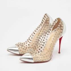 Pre Owned Christian Louboutin Silver Leather and PVC Spike Me Pumps Size 36.5