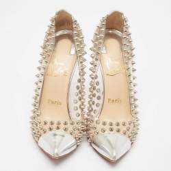 Pre Owned Christian Louboutin Silver Leather and PVC Spike Me Pumps Size 36.5