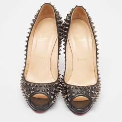 Pre Owned Christian Louboutin Black Leather Yolanda Spikes Pumps Size 38.5