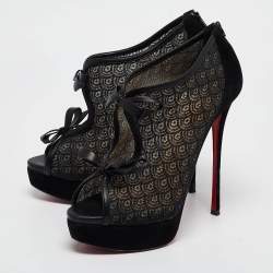 Pre Owned Christian Louboutin Black Lace and Suede Empiralta Booties Size 40