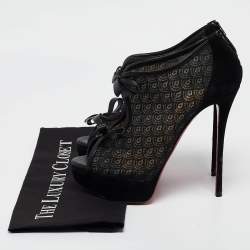 Pre Owned Christian Louboutin Black Lace and Suede Empiralta Booties Size 40