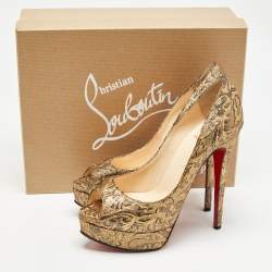 Christian Louboutin Gold Brocade Fabric Lady Peep Pumps Size 38.5