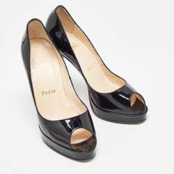 Pre Owned Christian Louboutin Black Patent Leather Platform Peep Toe Pumps Size 37