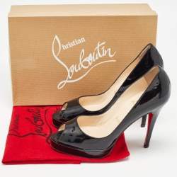 Pre Owned Christian Louboutin Black Patent Leather Platform Peep Toe Pumps Size 37