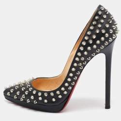 Pre Owned Christian Louboutin Black Leather Pigalle Plato Spike Pumps Size 37
