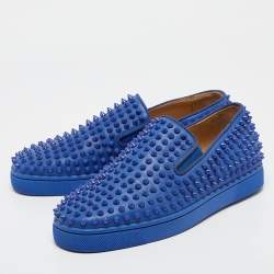 Pre Owned Christian Louboutin Blue Leather Roller Boat Spike Slip On Sneakers Size 40
