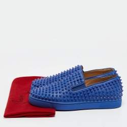 Pre Owned Christian Louboutin Blue Leather Roller Boat Spike Slip On Sneakers Size 40