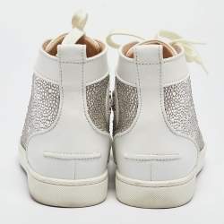 Pre Owned Christian Louboutin White Leather and Crystal Louis Strass High Top Sneakers Size 40