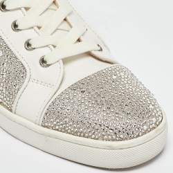 Pre Owned Christian Louboutin White Leather and Crystal Louis Strass High Top Sneakers Size 40