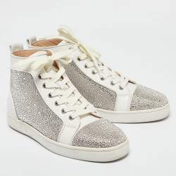 Pre Owned Christian Louboutin White Leather and Crystal Louis Strass High Top Sneakers Size 40