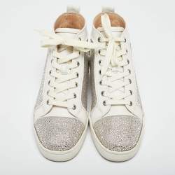 Pre Owned Christian Louboutin White Leather and Crystal Louis Strass High Top Sneakers Size 40