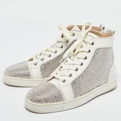 Pre Owned Christian Louboutin White Leather and Crystal Louis Strass High Top Sneakers Size 40