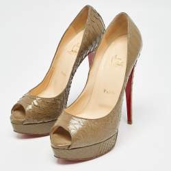 Christian Louboutin Olive Green Python Lady Peep Pumps Size 40.5