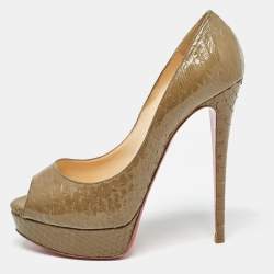 Christian Louboutin Olive Green Python Lady Peep Pumps Size 40.5
