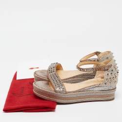 Christian Louboutin Beige Texture Suede and Raffia  Pyraclou Wedge Sandals Size 37