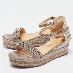Christian Louboutin Beige Texture Suede and Raffia  Pyraclou Wedge Sandals Size 37