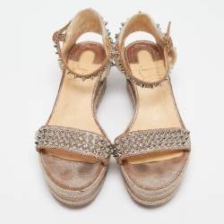 Christian Louboutin Beige Texture Suede and Raffia  Pyraclou Wedge Sandals Size 37