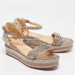 Christian Louboutin Beige Texture Suede and Raffia  Pyraclou Wedge Sandals Size 37