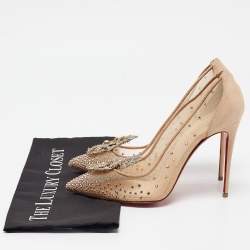 Pre Owned Christian Louboutin Beige Lace and Suede Feerica 100 Crystal Embellishments Pumps Size 39