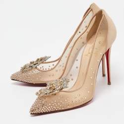 Pre Owned Christian Louboutin Beige Lace and Suede Feerica 100 Crystal Embellishments Pumps Size 39