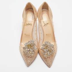 Pre Owned Christian Louboutin Beige Lace and Suede Feerica 100 Crystal Embellishments Pumps Size 39