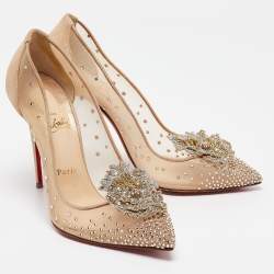 Pre Owned Christian Louboutin Beige Lace and Suede Feerica 100 Crystal Embellishments Pumps Size 39