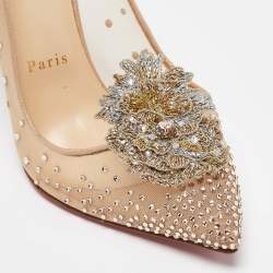 Pre Owned Christian Louboutin Beige Lace and Suede Feerica 100 Crystal Embellishments Pumps Size 39