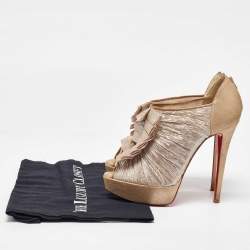 Christian Louboutin Gold/Beige Lurex Fabric and Suede Canon Booties Size 37