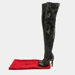 Christian Louboutin Black Sequins Louise 100 Thigh High Boots Size 37.5