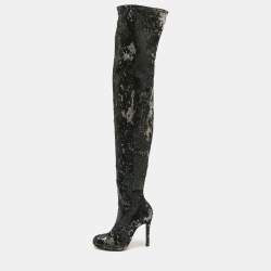 Christian Louboutin Black Sequins Louise 100 Thigh High Boots Size 37.5