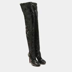 Christian Louboutin Black Sequins Louise 100 Thigh High Boots Size 37.5