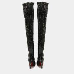 Christian Louboutin Black Sequins Louise 100 Thigh High Boots Size 37.5