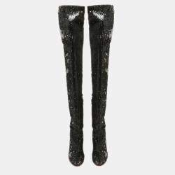 Christian Louboutin Black Sequins Louise 100 Thigh High Boots Size 37.5