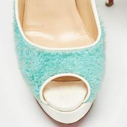 Christian Louboutin Blue Fur and Patent Terry Cloth Lady Peep Pumps Size 36