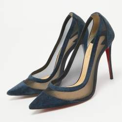 Pre Owned Christian Louboutin Navy Blue Suede and Mesh Galativi Pumps Size 35.5