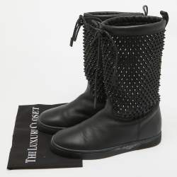 Christian Louboutin Black Leather Surlapony Spiked Mid Calf Boots Size 40