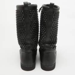 Christian Louboutin Black Leather Surlapony Spiked Mid Calf Boots Size 40