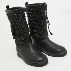 Christian Louboutin Black Leather Surlapony Spiked Mid Calf Boots Size 40