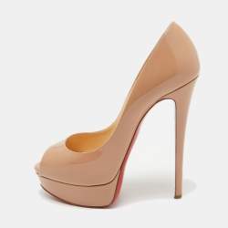 Pre Owned Christian Louboutin Beige Patent Leather Lady Peep Platform Pumps Size 38