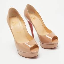 Pre Owned Christian Louboutin Beige Patent Leather Lady Peep Platform Pumps Size 38