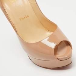 Pre Owned Christian Louboutin Beige Patent Leather Lady Peep Platform Pumps Size 38