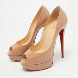 Pre Owned Christian Louboutin Beige Patent Leather Lady Peep Platform Pumps Size 38