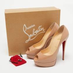 Pre Owned Christian Louboutin Beige Patent Leather Lady Peep Platform Pumps Size 38